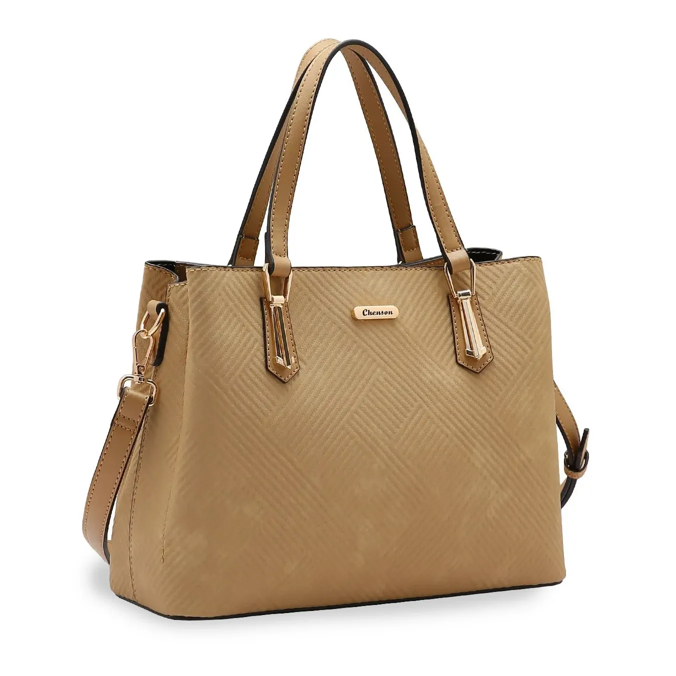 Bolsa tote feminina Chenson bege com textura geométrica e acabamento soft, vista frontal esquerda